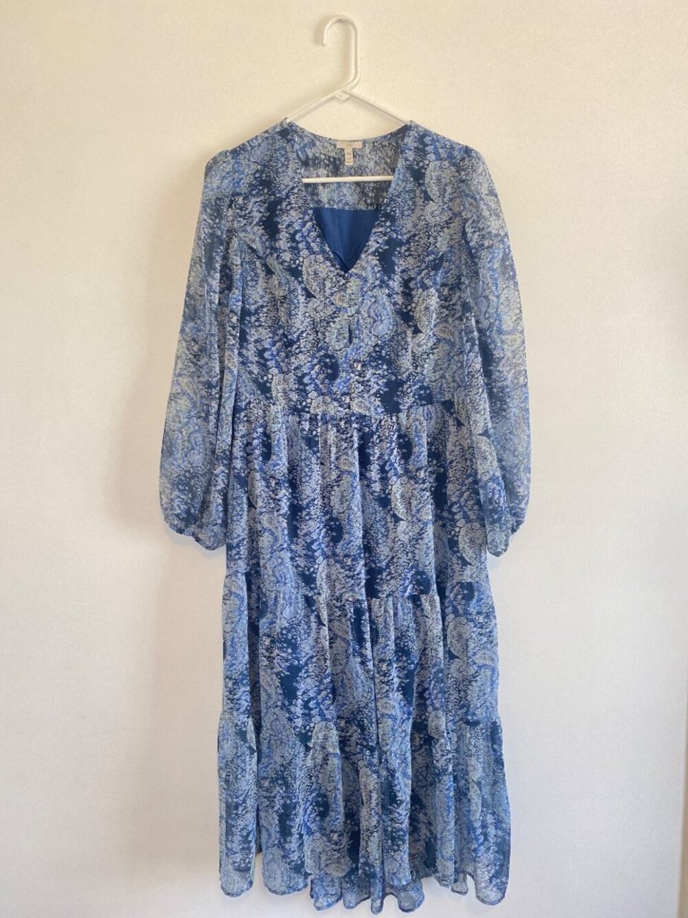 Joie Blue Paisley Long-Sleeve Midi Dress Lightweight Sheer Women's Size M